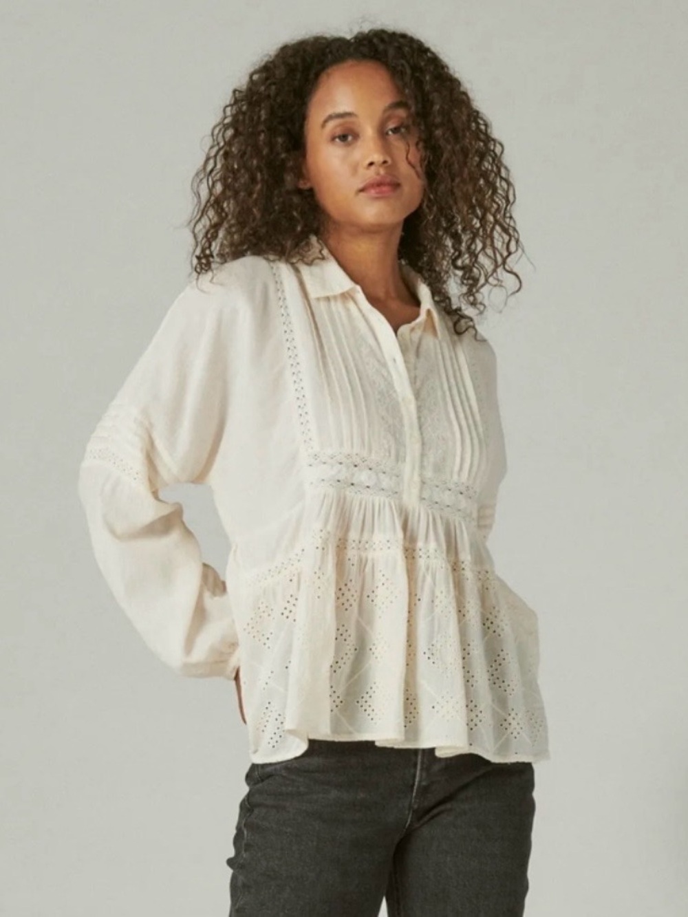 Lucky Brand Cream Eyelet Pintuck Peplum Blouse